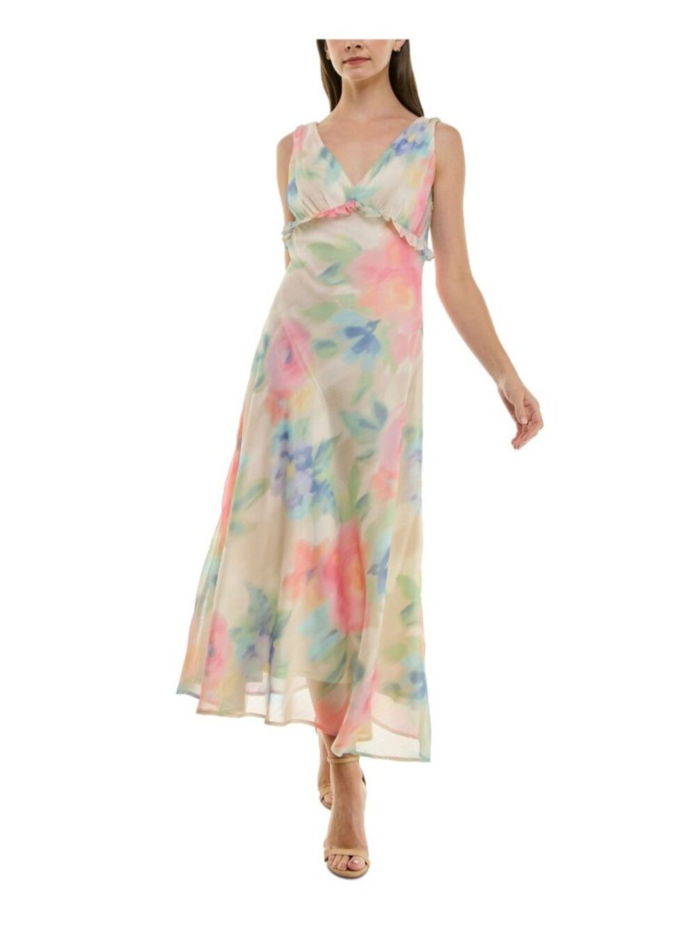 Taylor Women's Watercolor-Print Chiffon Ruffled V-neck Dress Ivory Size 12 $128